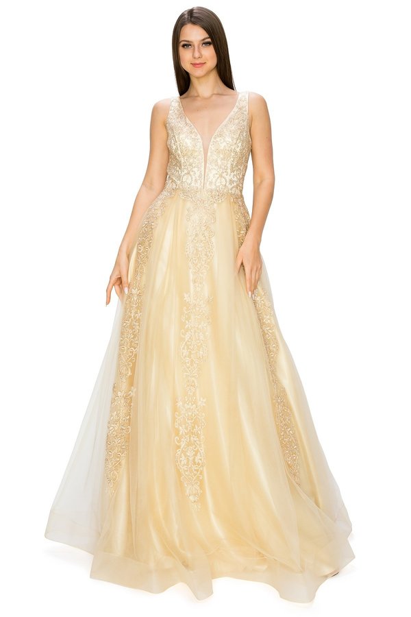 FINAL SALE: Women evening dress with tulle and gold coil lace with rhinestone with v neck