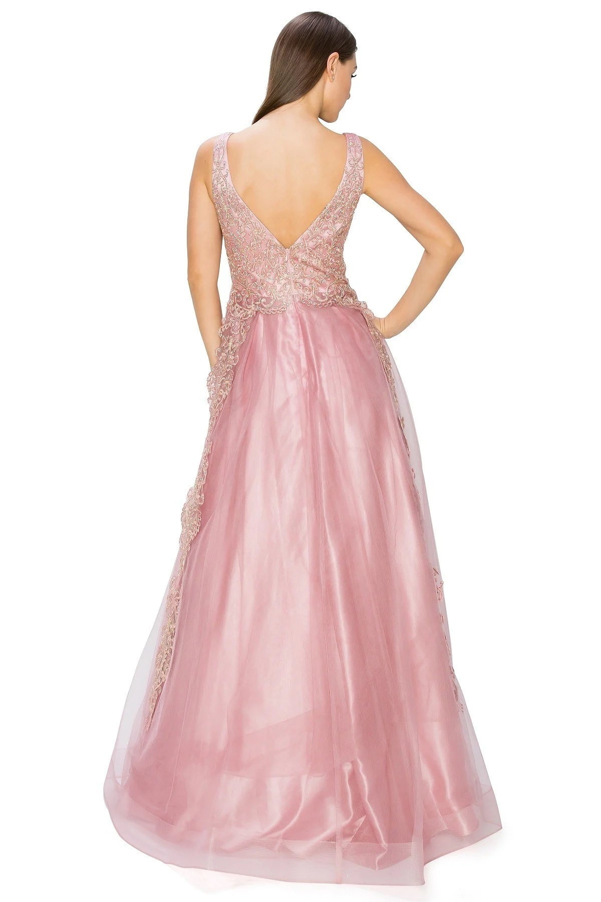 FINAL SALE: Women evening dress with tulle and gold coil lace with rhinestone with v neck