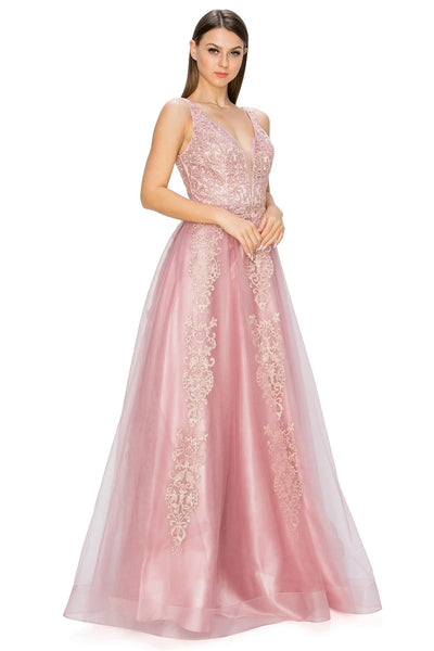 FINAL SALE: Women evening dress with tulle and gold coil lace with rhinestone with v neck