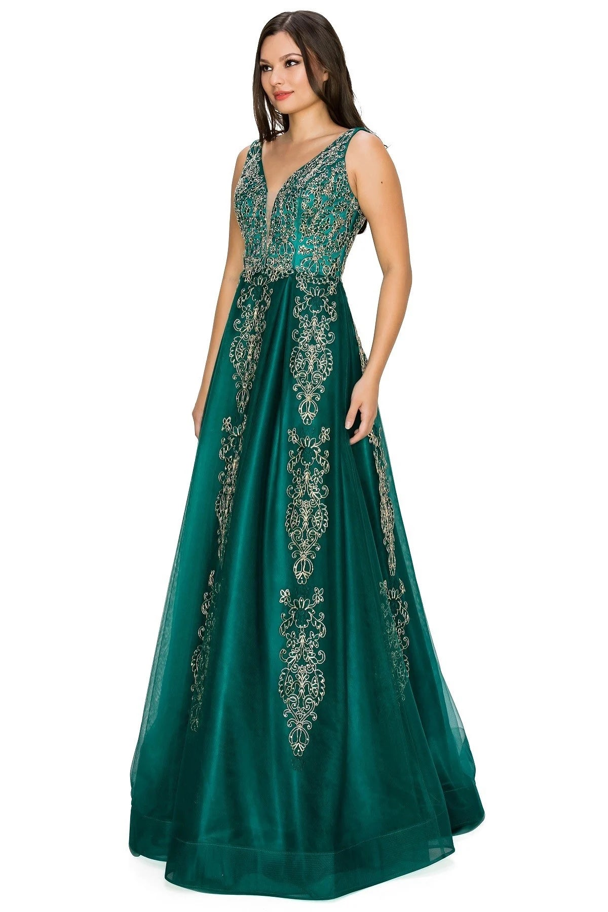 FINAL SALE: Women evening dress with tulle and gold coil lace with rhinestone with v neck