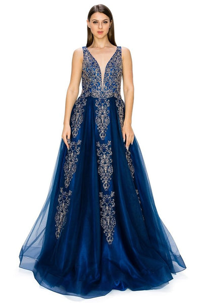 FINAL SALE: Women evening dress with tulle and gold coil lace with rhinestone with v neck