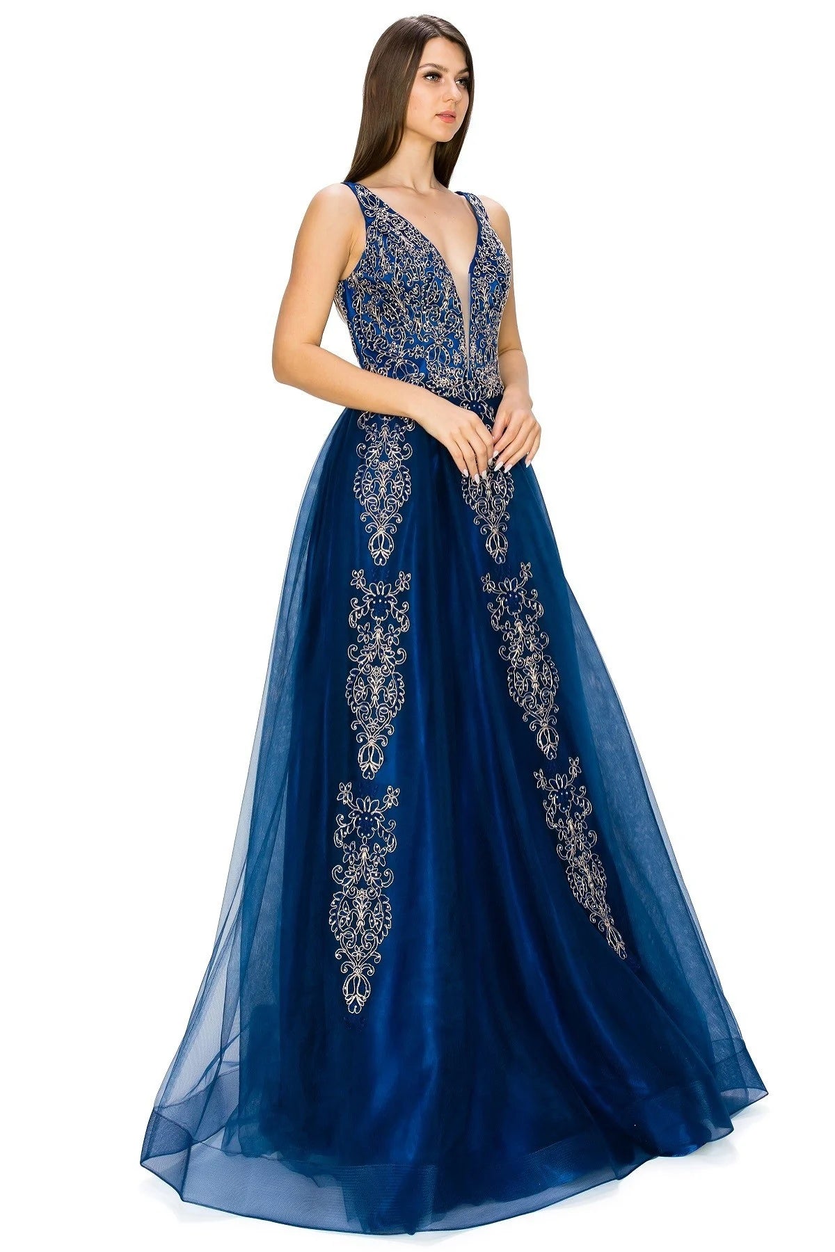 FINAL SALE: Women evening dress with tulle and gold coil lace with rhinestone with v neck