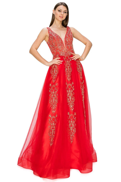 FINAL SALE: Women evening dress with tulle and gold coil lace with rhinestone with v neck