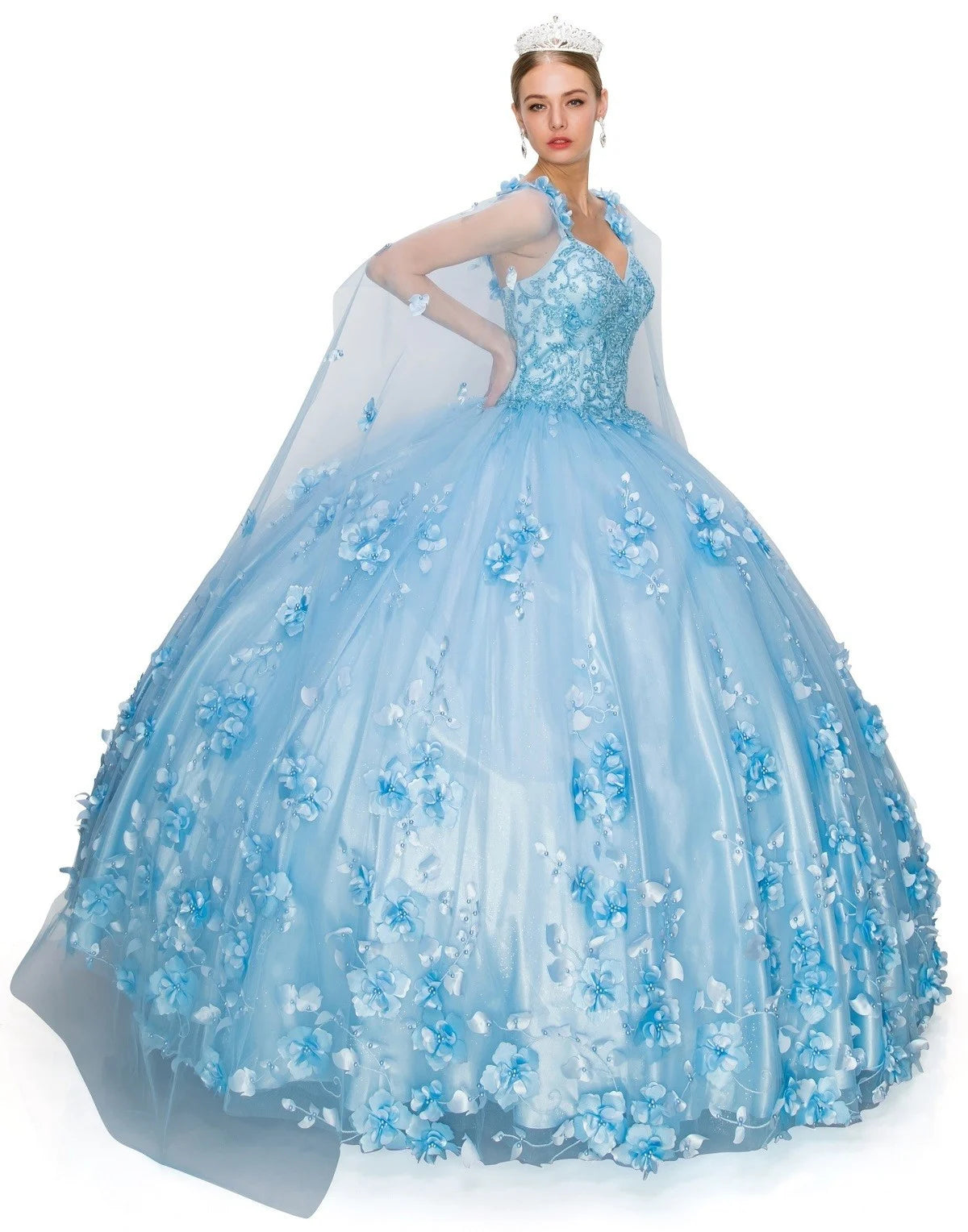 FINAL SALE: women quinceanera dress with 3d stone and pearl design with floral appliques and floral cape