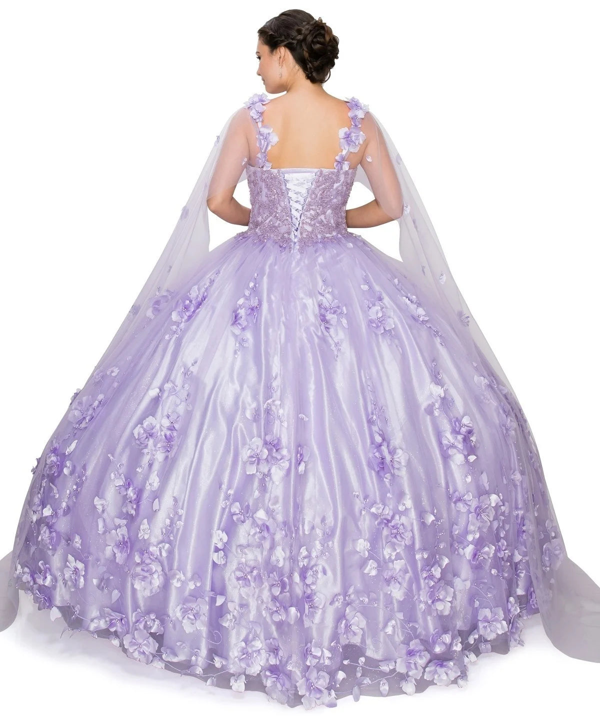 FINAL SALE: women quinceanera dress with 3d stone and pearl design with floral appliques and floral cape