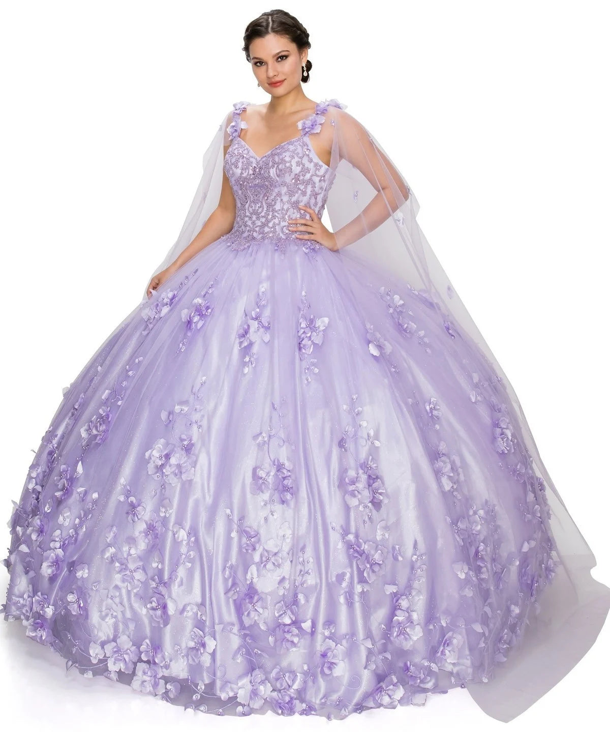 FINAL SALE: women quinceanera dress with 3d stone and pearl design with floral appliques and floral cape