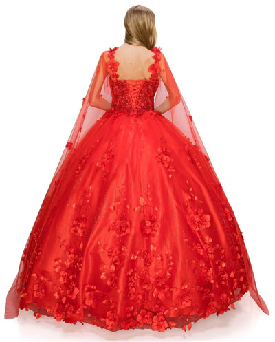 FINAL SALE: women quinceanera dress with 3d stone and pearl design with floral appliques and floral cape