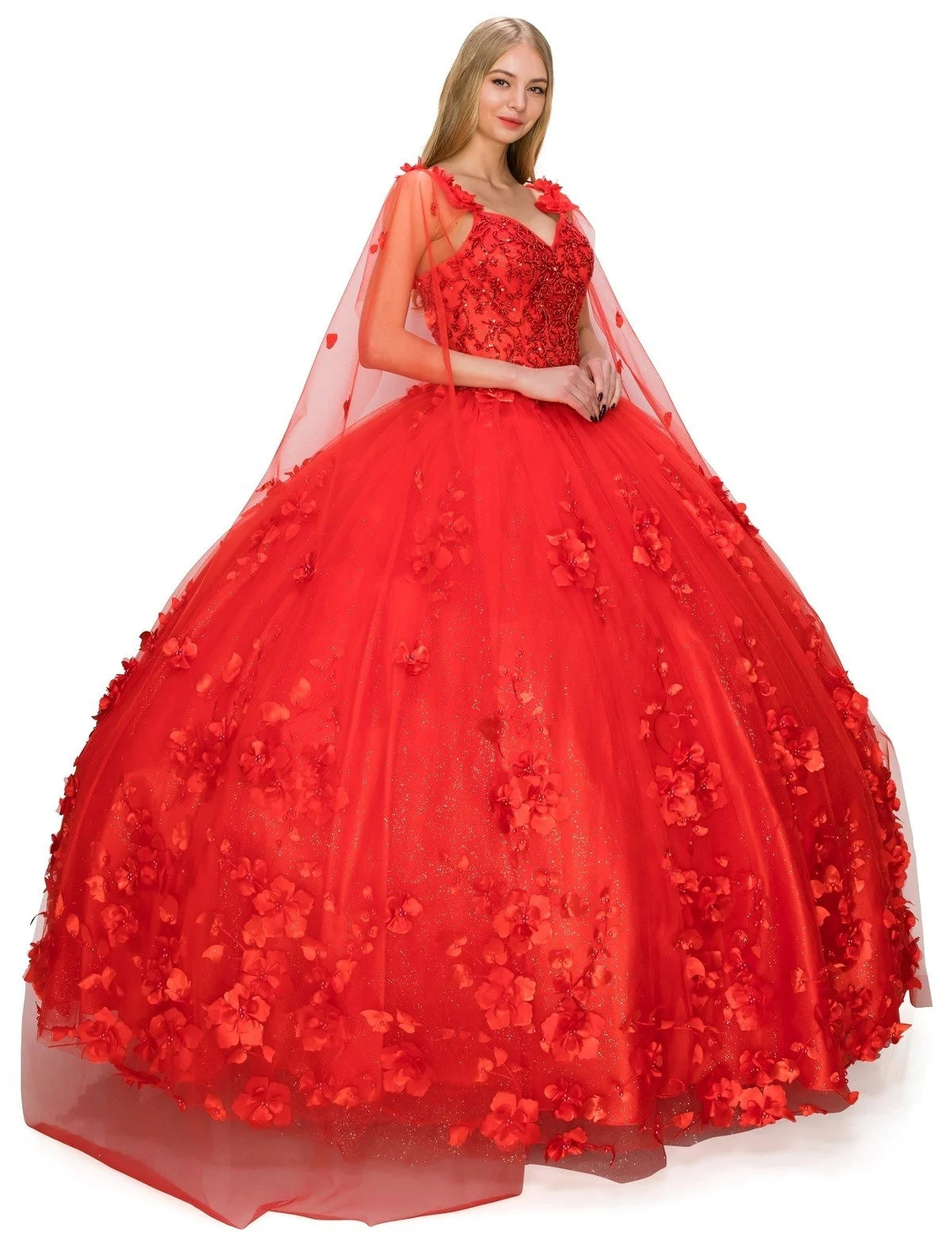 FINAL SALE: women quinceanera dress with 3d stone and pearl design with floral appliques and floral cape