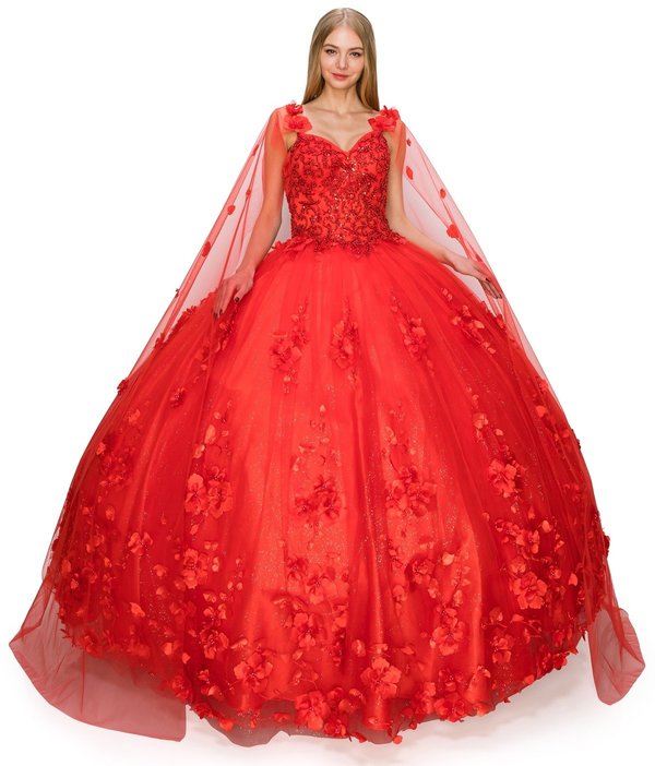 FINAL SALE: women quinceanera dress with 3d stone and pearl design with floral appliques and floral cape