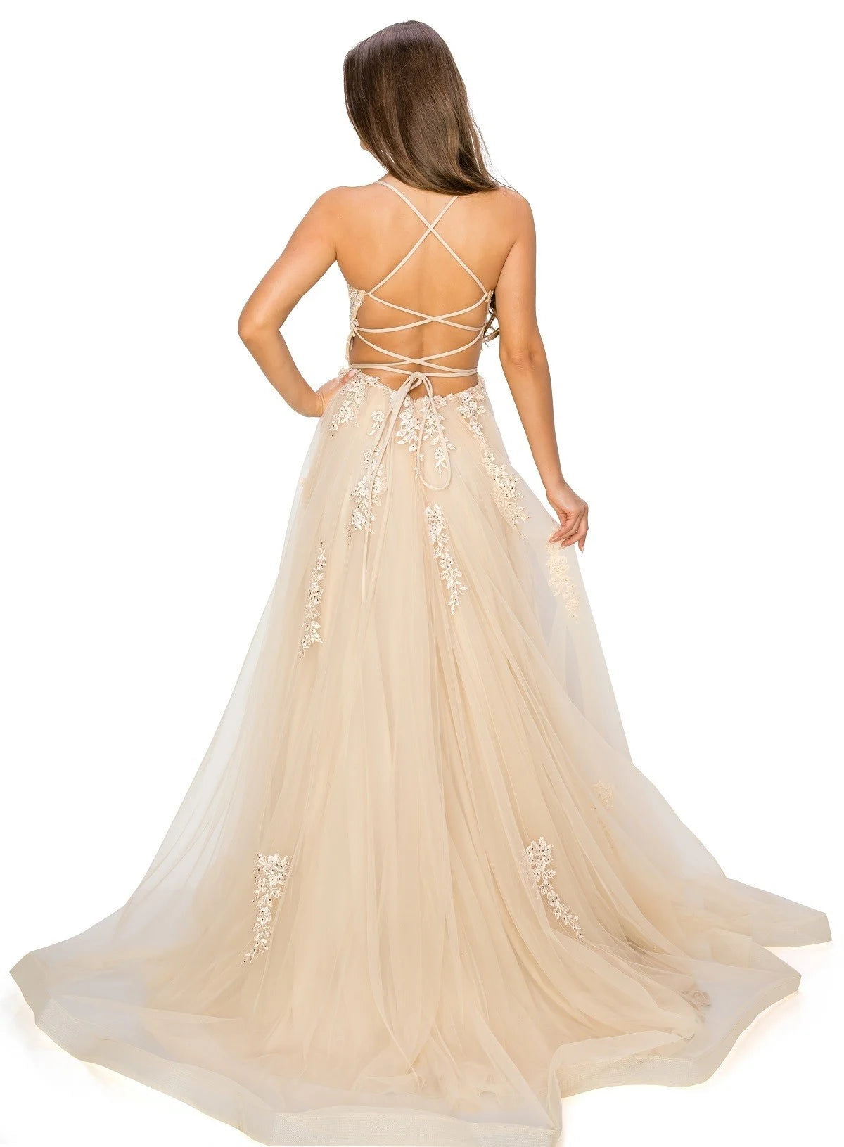 FINAL SALE: Women evening ball gown with lace and applique with open back