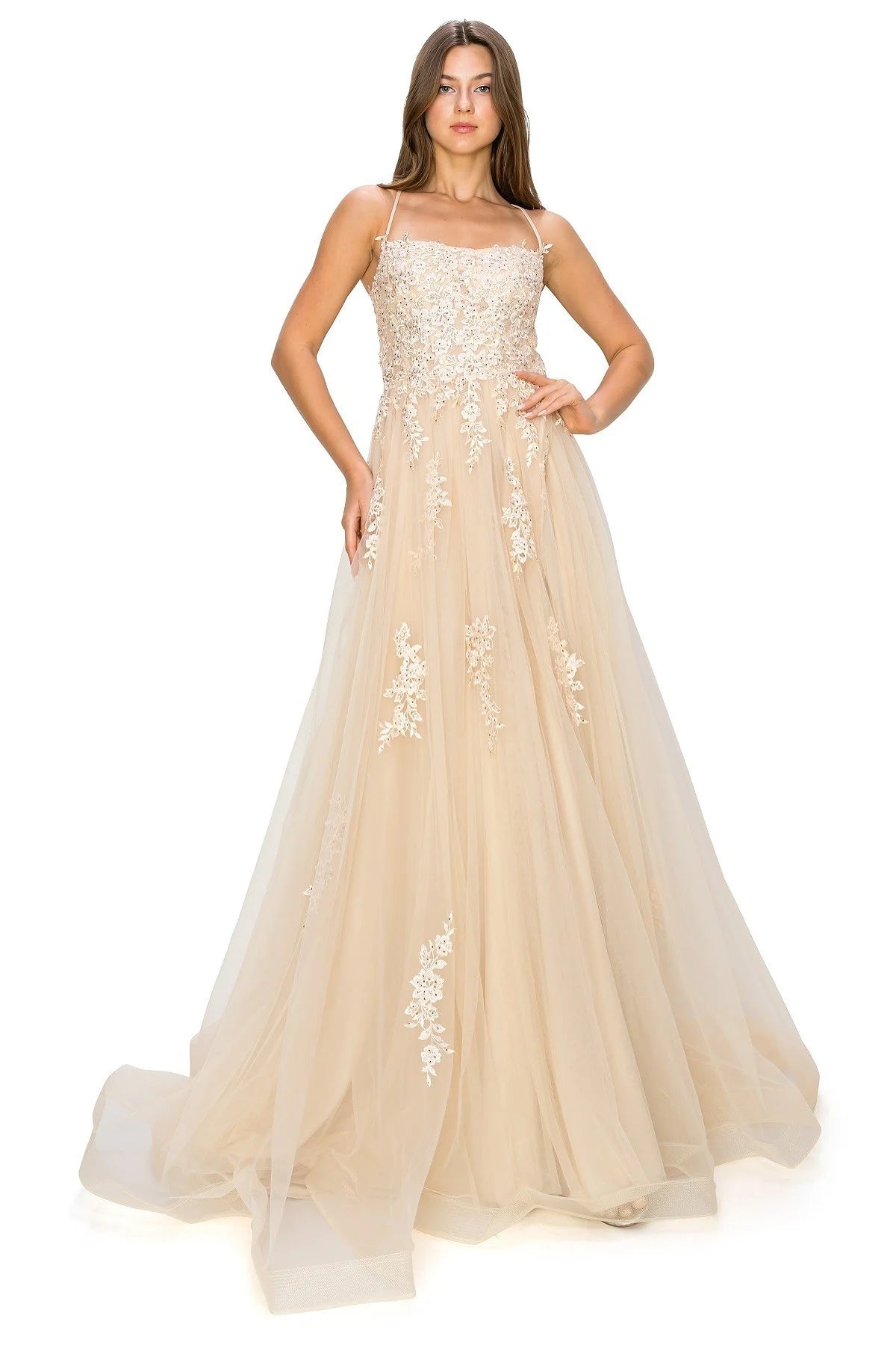 FINAL SALE: Women evening ball gown with lace and applique with open back