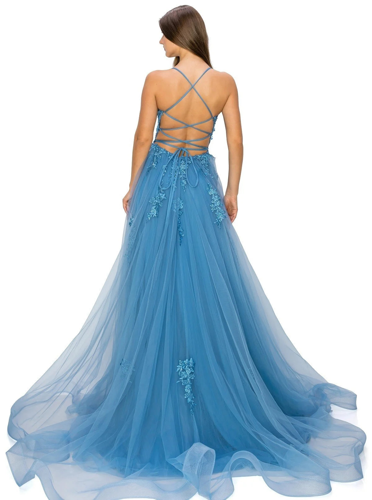 FINAL SALE: Women evening ball gown with lace and applique with open back