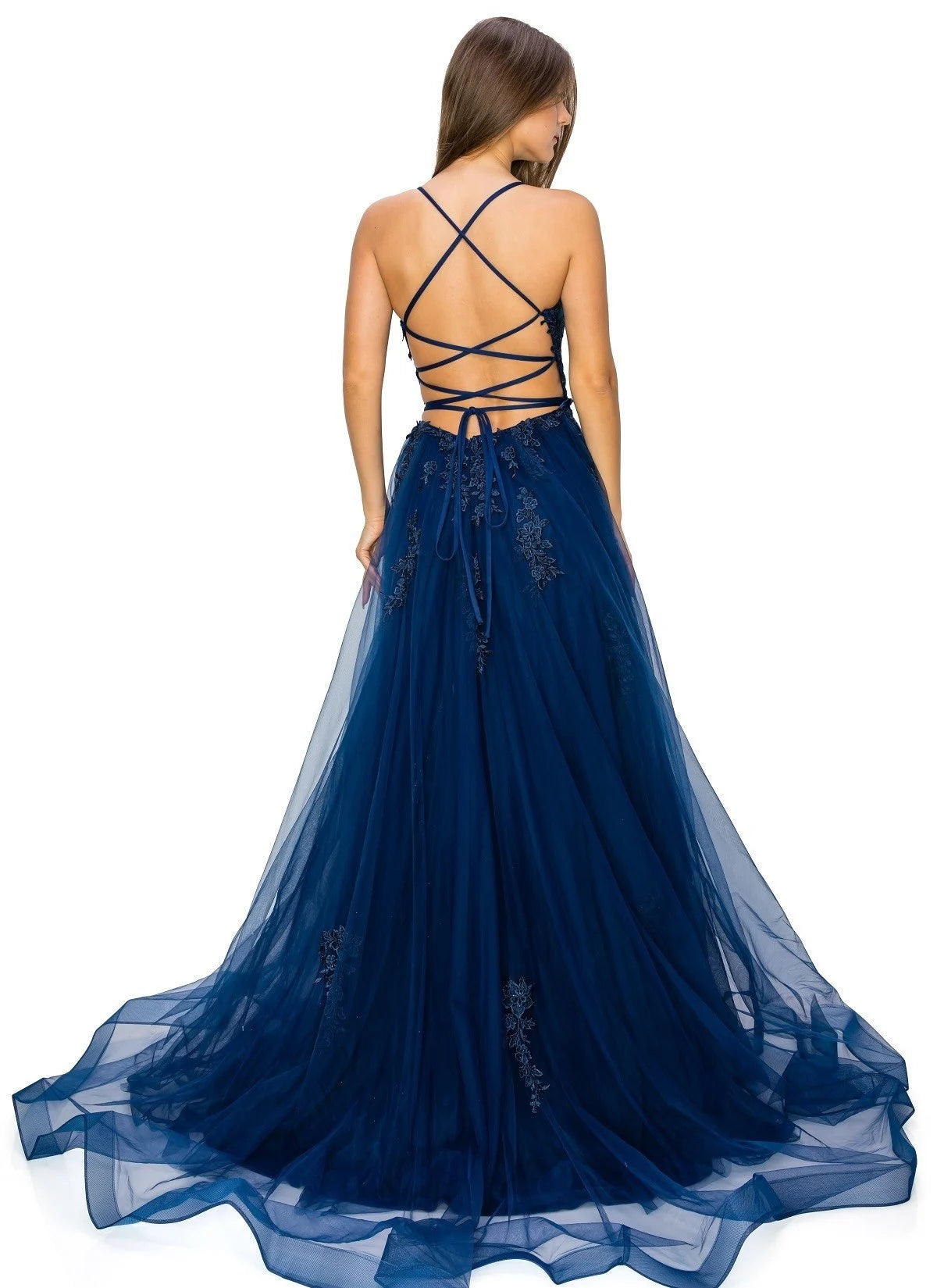 FINAL SALE: Women evening ball gown with lace and applique with open back