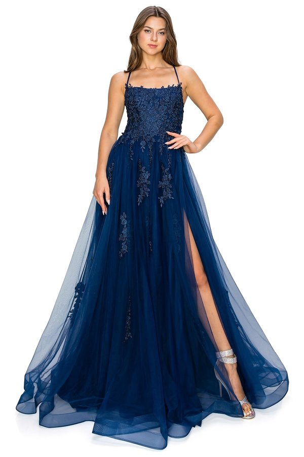 FINAL SALE: Women evening ball gown with lace and applique with open back