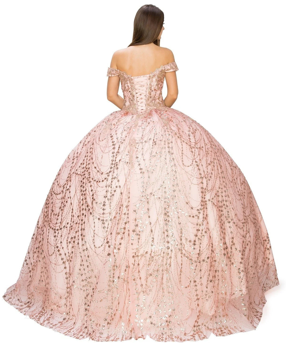 FINAL SALE: women quinceanera dress with glittering fabric and strapless sweetheart neckline and lace up corset