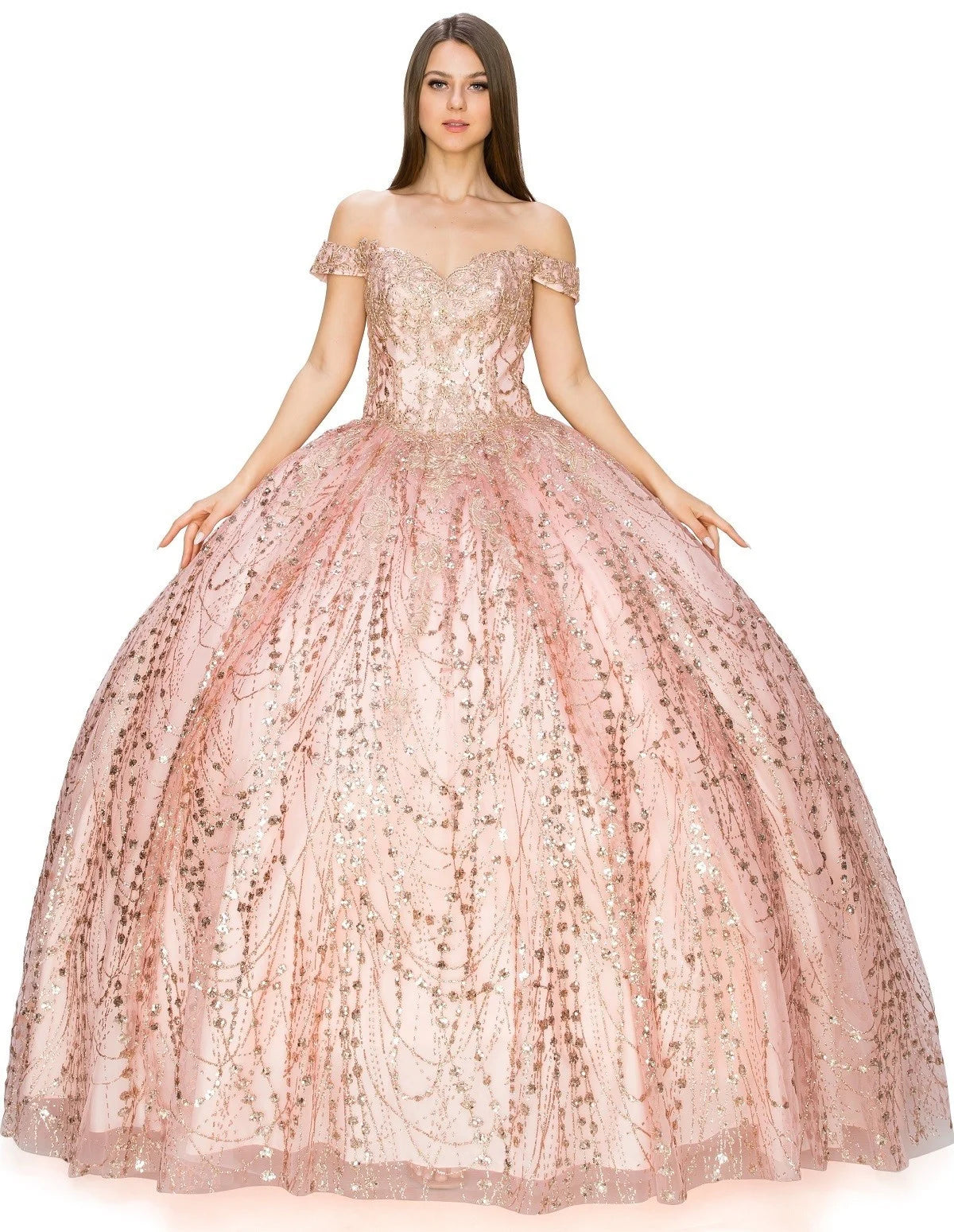 FINAL SALE: women quinceanera dress with glittering fabric and strapless sweetheart neckline and lace up corset