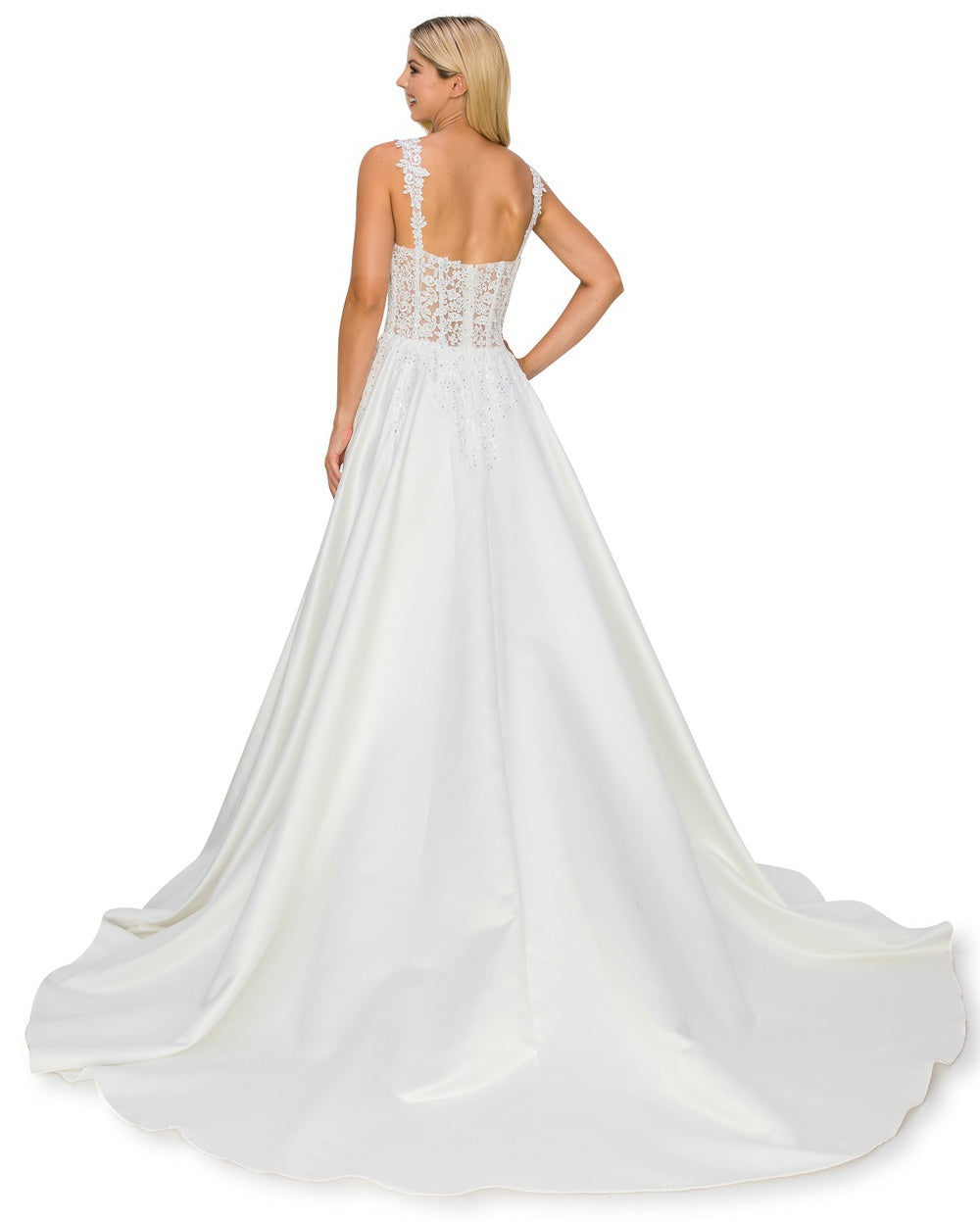 Bridal ball gown with sheer bodice and embroidered flowers with rhinestones