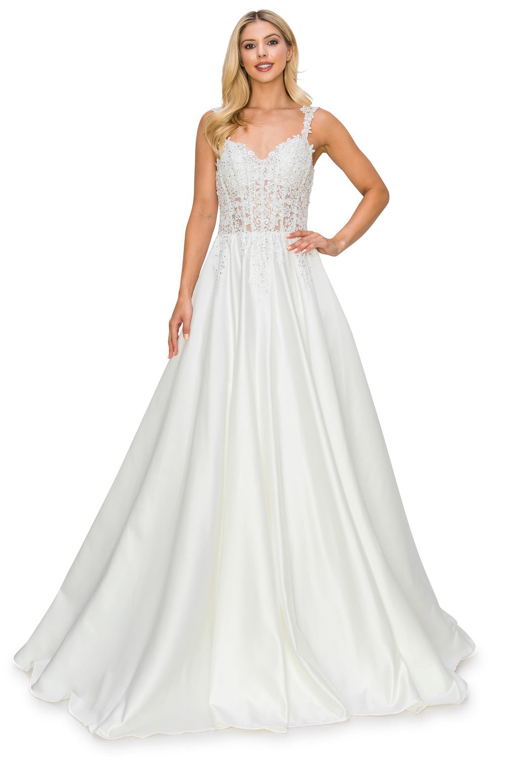 Bridal ball gown with sheer bodice and embroidered flowers with rhinestones