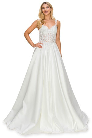 Bridal ball gown with sheer bodice and embroidered flowers with rhinestones