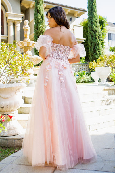 Prom and ball tulle gown with corset fitted top with floral applique