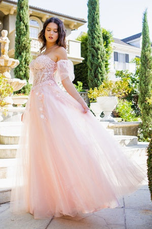 Prom and ball tulle gown with corset fitted top with floral applique