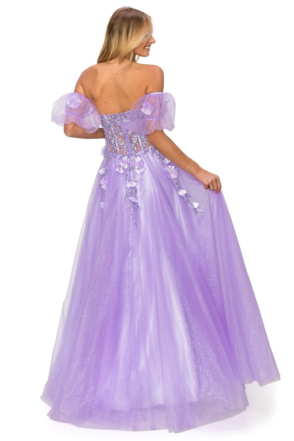 Prom and ball tulle gown with corset fitted top with floral applique