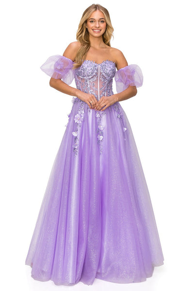 Prom and ball tulle gown with corset fitted top with floral applique