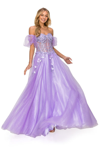 Prom and ball tulle gown with corset fitted top with floral applique