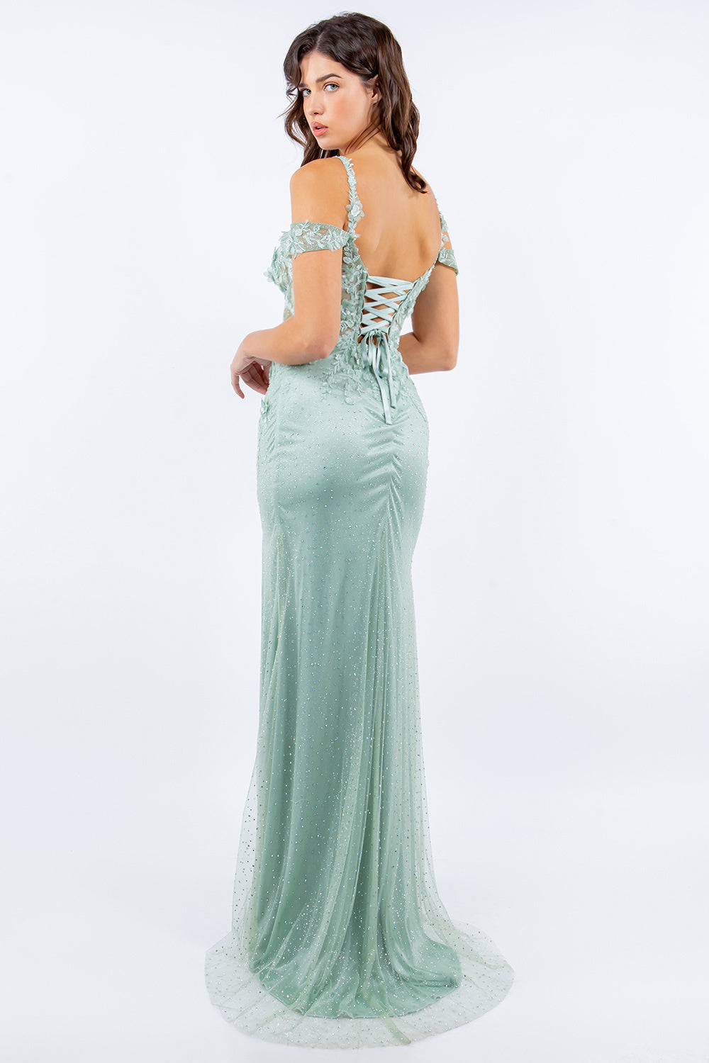 Prom and ball gown with sequin slit with spaghetti corset back