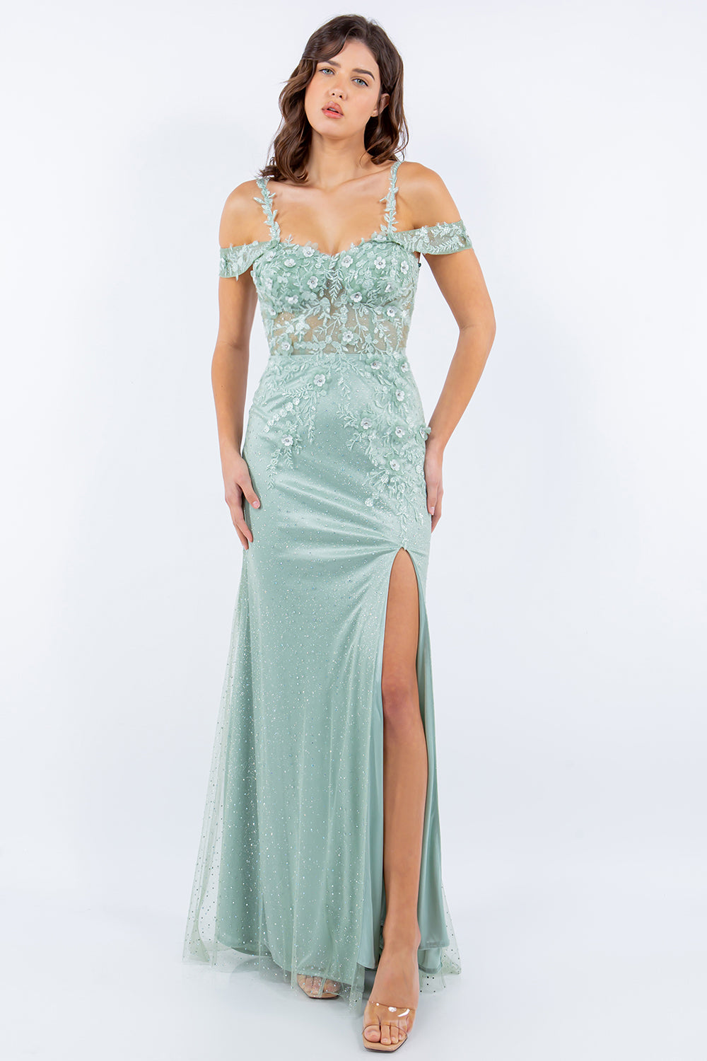 Prom and ball gown with sequin slit with spaghetti corset back