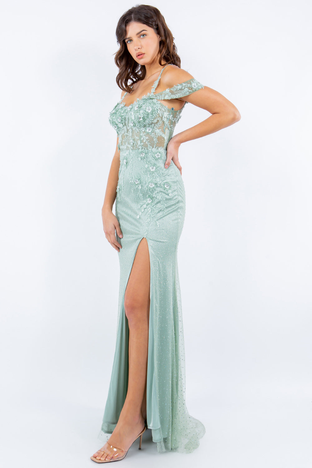 Prom and ball gown with sequin slit with spaghetti corset back