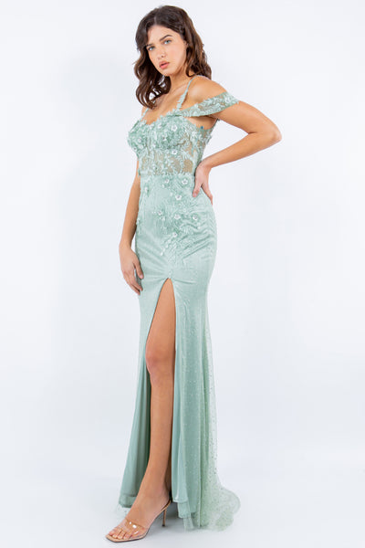 Prom and ball gown with sequin slit with spaghetti corset back