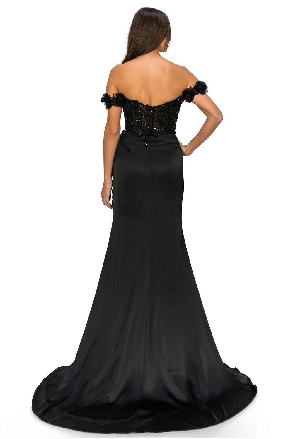 Prom and Evening dress with off the shoulder and floral applique