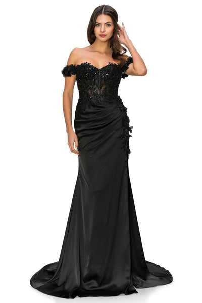 Prom and Evening dress with off the shoulder and floral applique