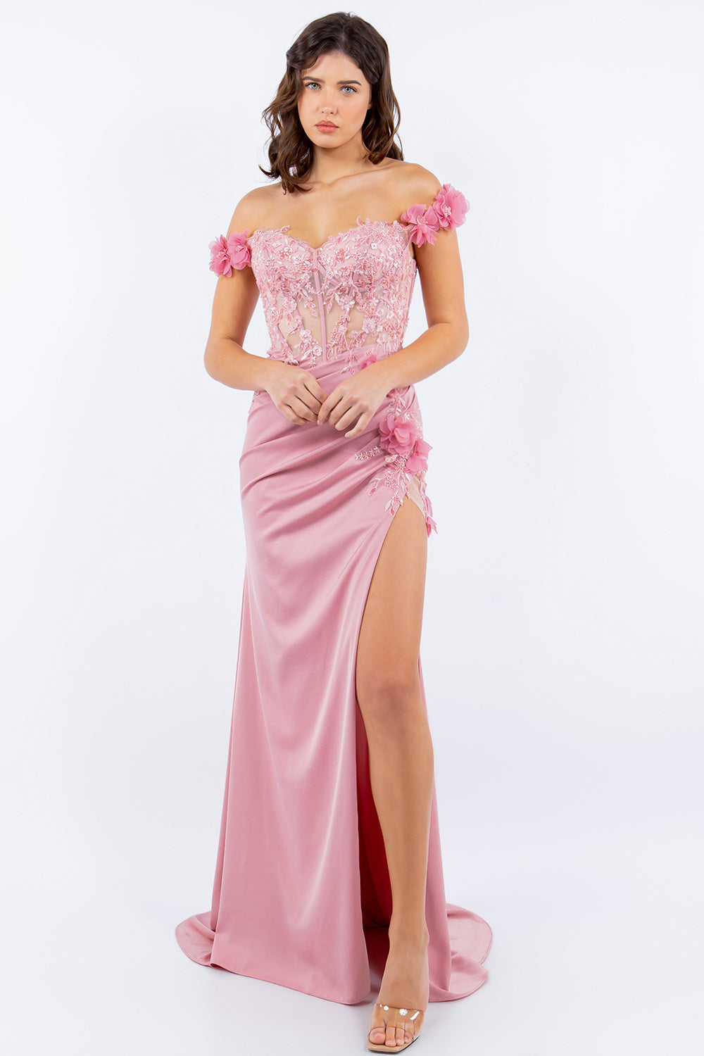 Prom and Evening dress with off the shoulder and floral applique