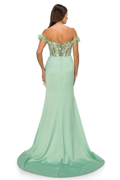 Prom and Evening dress with off the shoulder and floral applique