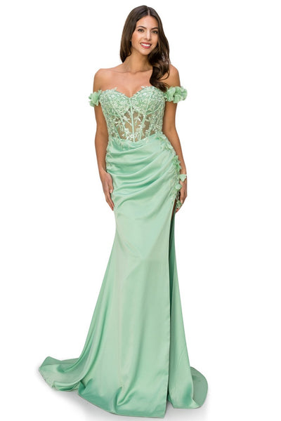 Prom and Evening dress with off the shoulder and floral applique