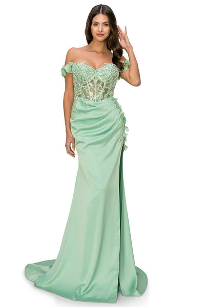 Prom and Evening dress with off the shoulder and floral applique