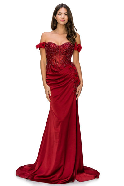 Prom and Evening dress with off the shoulder and floral applique