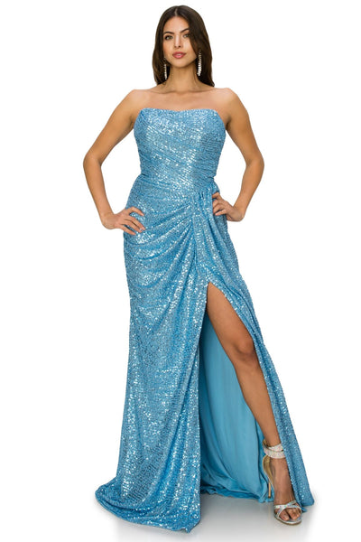 Prom and evening gown with fitted strapless and sequin decoration