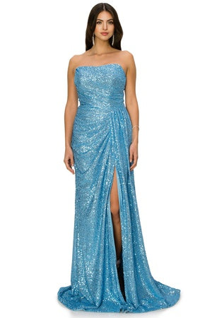 Prom and evening gown with fitted strapless and sequin decoration