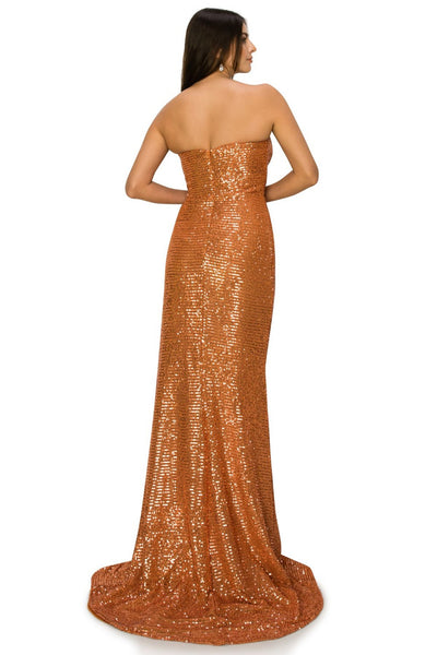 Prom and evening gown with fitted strapless and sequin decoration