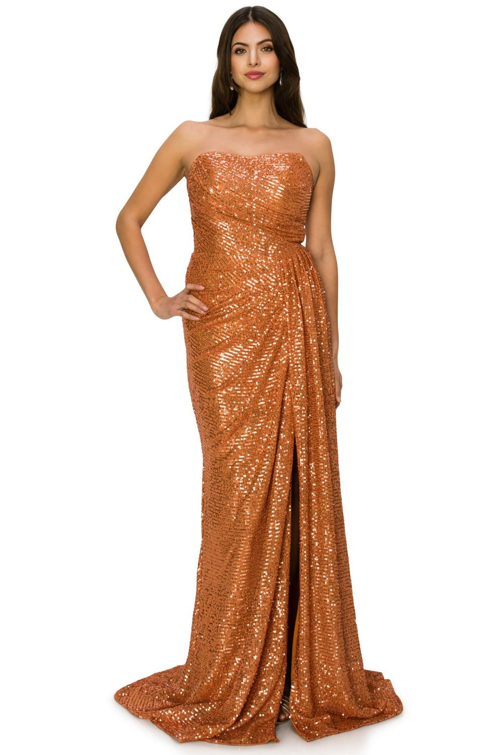 Prom and evening gown with fitted strapless and sequin decoration