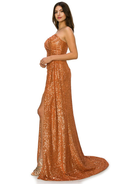 Prom and evening gown with fitted strapless and sequin decoration