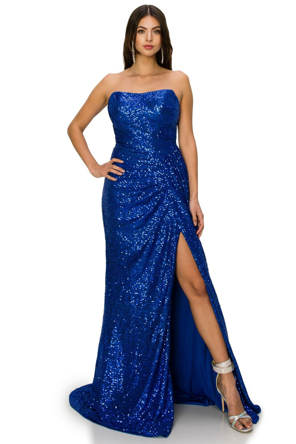 Prom and evening gown with fitted strapless and sequin decoration