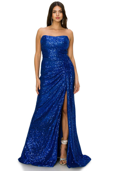 Prom and evening gown with fitted strapless and sequin decoration