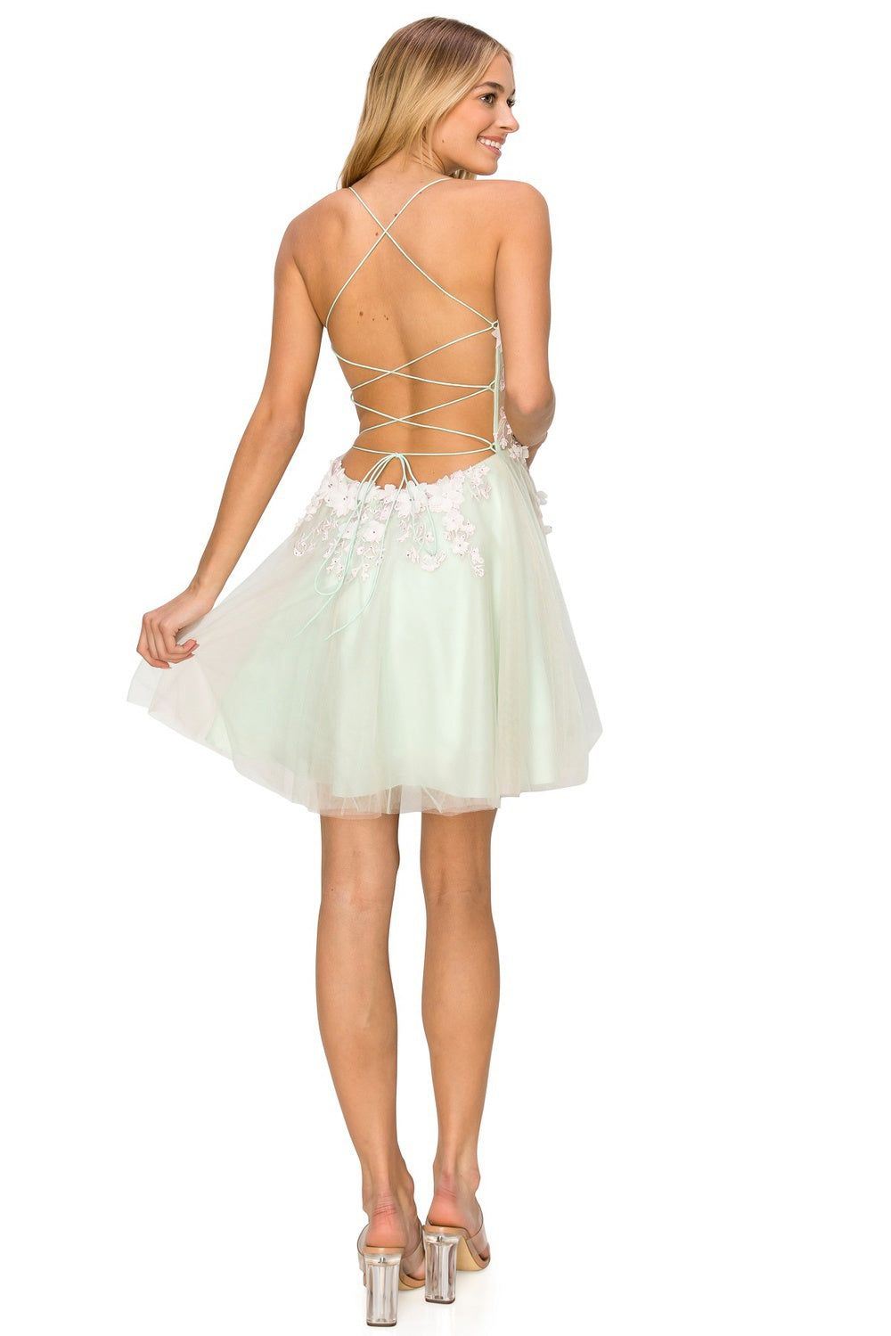 Short Prom and Party dress with flower corset and spaghetti back