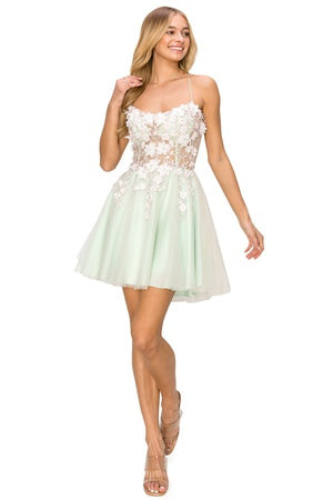 Short Prom and Party dress with flower corset and spaghetti back