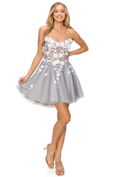 Short Prom and Party dress with flower corset and spaghetti back