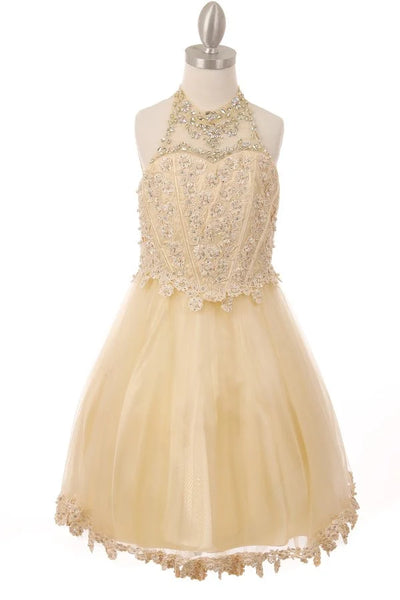 Girl party dress with a halter neckline and with pearls and jewels